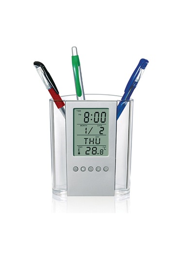 Springsun Ofis Ve Ev İçin Transparan Abs Mutfak Kalem Kutusu - Saat, Takvim, Zamanlayıcı, Termometre Ve Lcd Ekranlı Otomatik Çekmeceli Organizer Gri