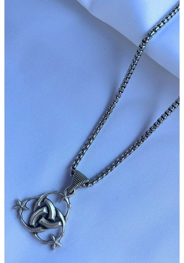 Ay Yıldız El İşçiliği Paslanmaz Çelik Zincir Erkek Kolye Gümüş