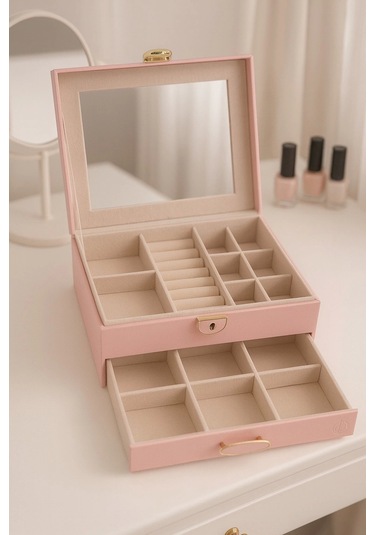 Dışı Deri İçi Kadife Kilitli Çekmeceli Takı Bijuteri Mücevher Kutusu Organizer Düzenleyici Pembe İth