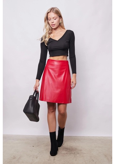 Kadın Hafif Likralı Deri Yüksek Bel Diz Boy Çan Etek-kırmızı Kırmızı