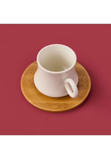 Mien Bambu Tabaklı Dar Fincan Seti - Açık Kahverengi / Beyaz - 100 Ml Açık Kahverengi / Beyaz