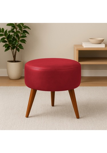 Kırmızı Deri Puf Demonte Ayaklı Modern Oturma Ve Dekoratif Sehpa Kırmızı