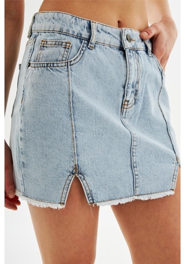 Kadın Pileli Yırtmaçlı Yüksek Bel Mini Kot Etek Açık Mavi-açık Mavi Açık Mavi