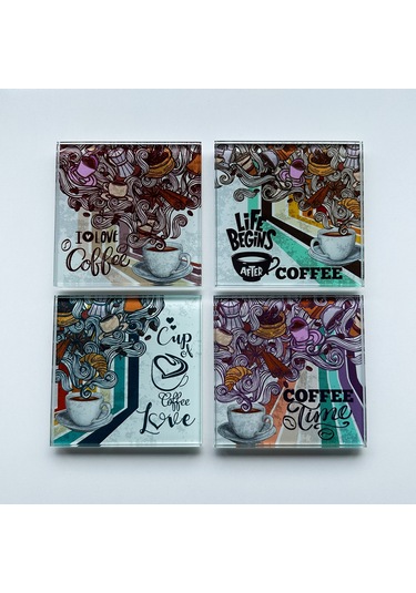 Cam Bardak Altlığı Retro Coffee 4'lü Takım Beyaz