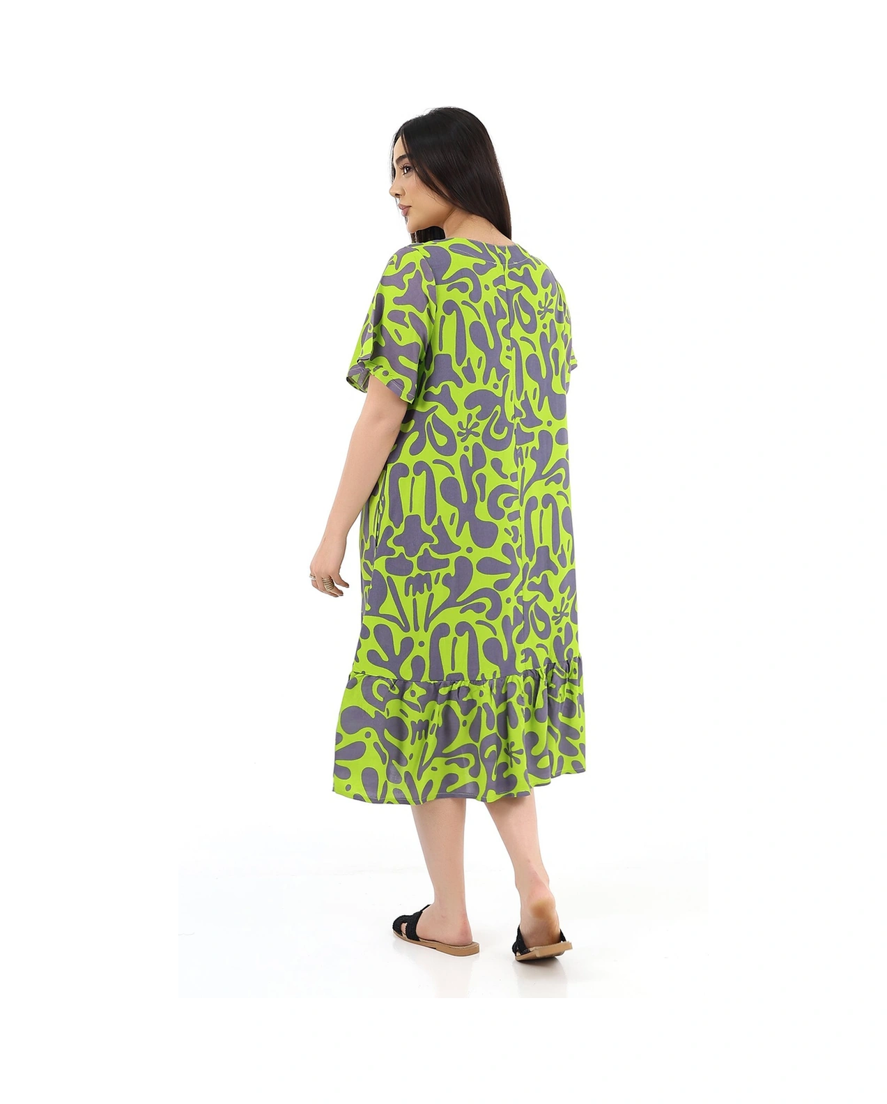 Schık Kadın Viskon Yarım Kol V Yaka Fırfırlı Elbise Yeşil Yeşil