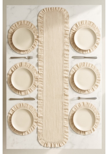 Fırfırlı Runner Ve Supla Takımı - Masa Örtüsü Takımı 7 Parça 145x40 Bej