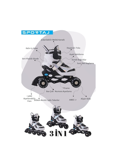 Melek Kanatlı Işıklı Çocuk Pateni Ve Dizlik Seti Silikon Teker Ayarlanabilir Paten Çantalı Siyah Siyah