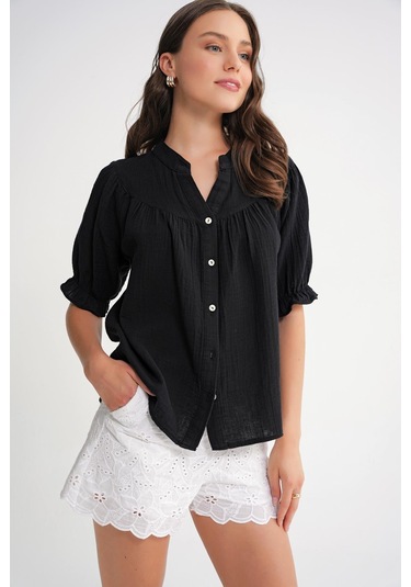 4725 Kadın Büzgü Robalı Kolu Fırfırlı Müslin Gömlek Siyah Siyah