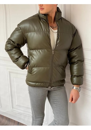 Modefendi Şişme Oversize Yüksek Kalite Deri Mont Haki