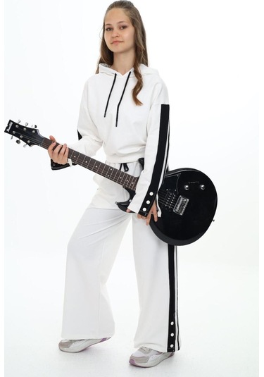 Kız Çocuk %100 Pamuk Kapüşonlu Uzun Kol Oversize Alt&üst Eşofman Takımı-eşt-0020 Beyaz