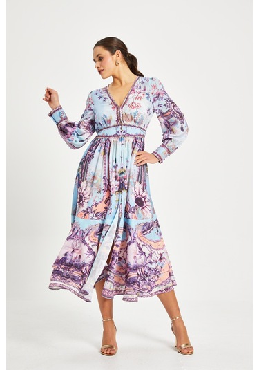 Kadın Desenli V Yaka Elbise Uzun Kollu, Kuşaklı, Astarlı Mavi