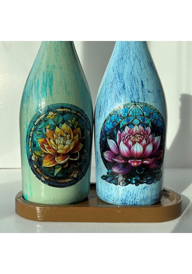 Lotus Çiçeği Desenli Sunum Stantlı 2'li 750 Ml Yağlık Sirkelik