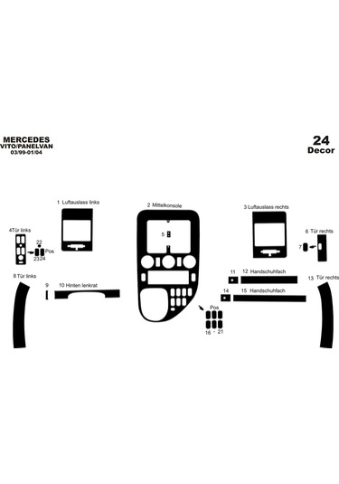 Mercedes Vito Panelvan Konsol-torpido Kaplama 1999-2004 24 Parça-piano Black Piano Black