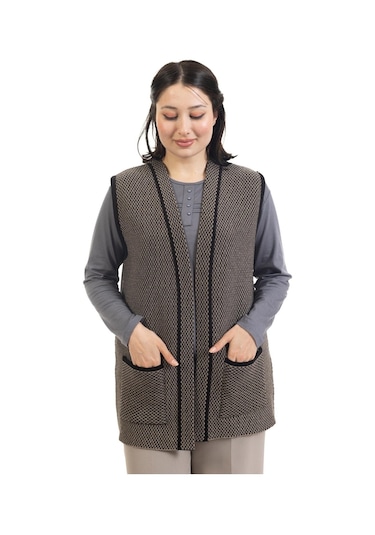 Kadın Orta Yaş ve Üzeri Triko Örgü Minik Baklava Desen Düğmesiz Anne Yelek 332 - L Siyah