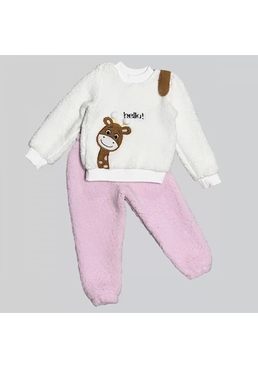 1-2-3 Yaş Hello Zürafa Nakışlı Kuzu Kumaş Sweat Pantolon Uzun Kollu Kız Erkek 2 Li Takımı Pembe