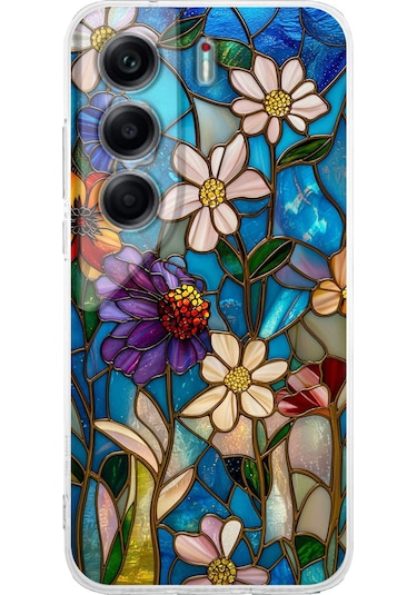 Printify Tecno Camon 40 İle Uyumlu Vitray Mavi Bahar Tasarımlı Şeffaf Silikon Kılıf Şeffaf