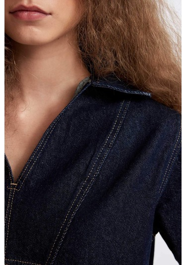 Defacto Fashion Fit Polo Yaka Kısa Kollu Jean Bluz D3716AX24AUNM34