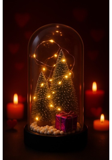 Yeni Yıl Ruhunu Yansıtan Led Işıklı 2 Li Yılbaşı Kar Efektli Çam Ağacı Hediye Paketi Temalı Fanus