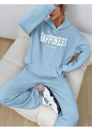 Happiness Eşofman Takımı Sweatshirt Jogger - Bebe Mavi Baskılı Oversize Şardonlu Kapüşonlu Bebe Mavi