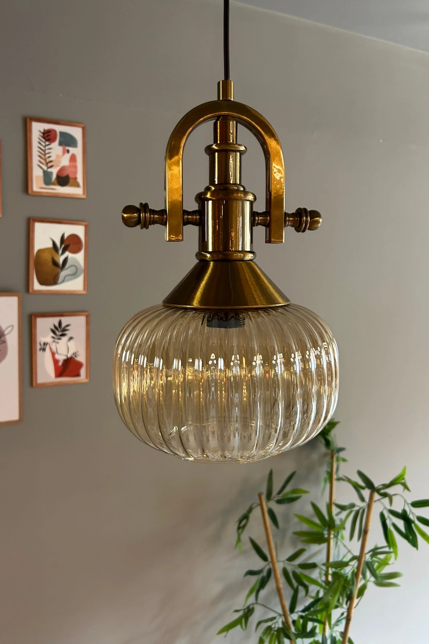 Mola Cam Bal Rengi Tekli Avize Gemici Eskitme Başlık Retro Sarkıt Lamba Restoran Salon Aydınlatma Bal