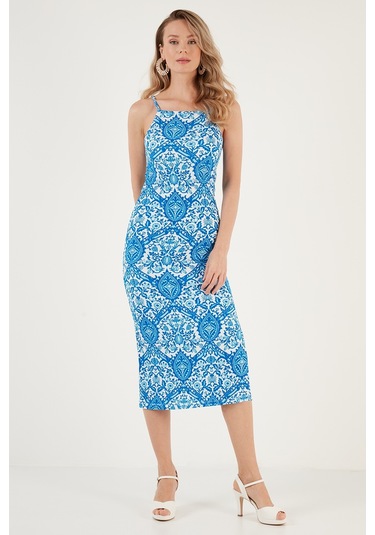 Lela Ip Askılı Fitted-Vücuda Oturan Yırtmaçlı Midi Bayan Elbise 5865573 Mavi