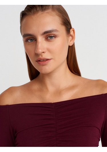 Dilvin 32089 Omuzları Açık Büzgülü Top-bordo Bordo