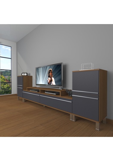 Decoraktiv Ekoflex On2 Mdf Krom Ayaklı Tv Ünitesi Tv Sehpası Ceviz - Antrasit