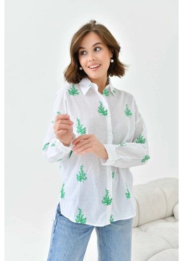 Kadın Yeşil Çiçek Nakış İşlemeli İnce Pamuk Gömlek Yeşil