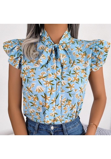 Gmxıa Kadın Modası Rahat Yaz Çiçek Desenli Kolsuz V Yaka Bluzlar Ve Ahşap Kulak Kenarlı Fiyonklu Şifon Gömlekler Bebek Mavisi
