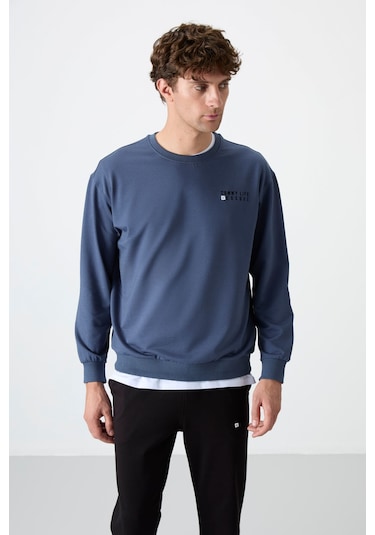 Tommy Life Petrol - Siyah Casual O Yaka Lastik Paça Pamuklu Erkek Oversize Eşofman Takımı - 85120 Petrol Mavi