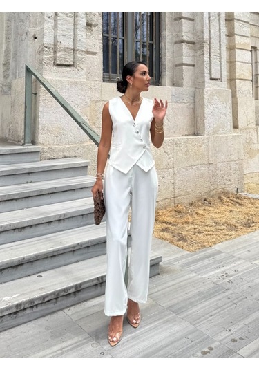 Ahes Shopping Kadın Sıfır Kollu Çapraz V Yakalı Önden Düğmeli Atlas Yelek Ve Pantolon Ikili Takım Beyaz