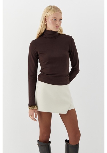 Balıkçı Yaka Uzun Kollu Body Kahverengi Kahverengi