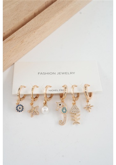 Kadın Vip Seri Özel Tasarım Baget Zirkon Taşlı 6'lı Küpe Seti 01003 Çok Renkli