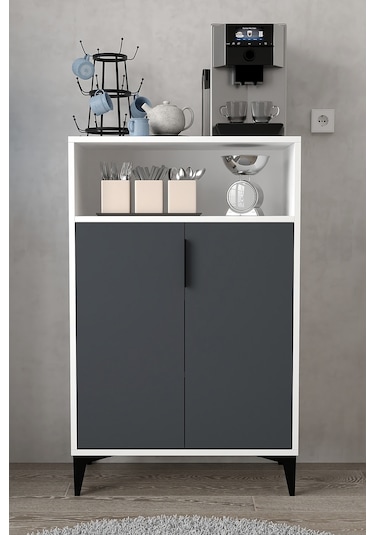 1202 Ada Çok Amaçlı Dolap , Kahve Köşesi , Kiler Dolabı , Mutfak Standı 2 Kapılı - Beyaz Antrasit Antrasit - Beyaz