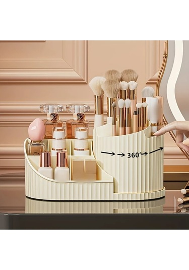 Meridiangoods 360 Dönen Beyaz Makup Organizatör Kutusu - Fırçalar, Rujlar, Cilt Bakımı İçin Kompakt Beyaz