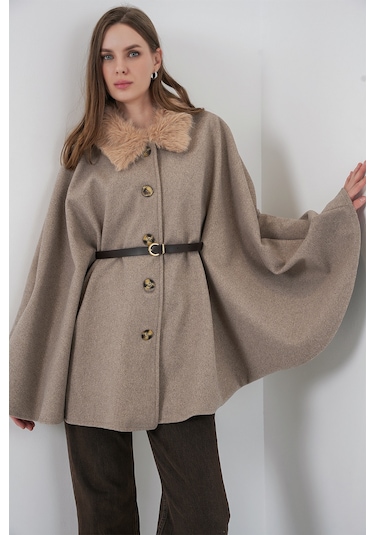 Kadın Kemerli Kaşe Panço 9165 - Taş Taş