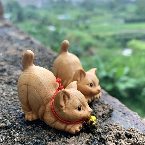 Trendooze Ahşap Kedi Figürü - Doğal Masüstü Dekor Çay Töreni El Yapımı Cloud011