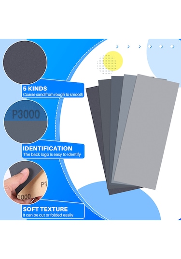 20 Adet Islak Kuru Zımpara Kağıdı, Grit 1000/2000/3000/5000/7000, 9 X 3.6 İnç