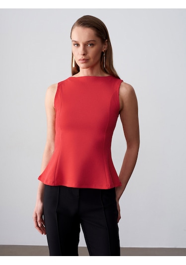 Dilvin 21001 Kayık Yaka Peplum Top-kırmızı