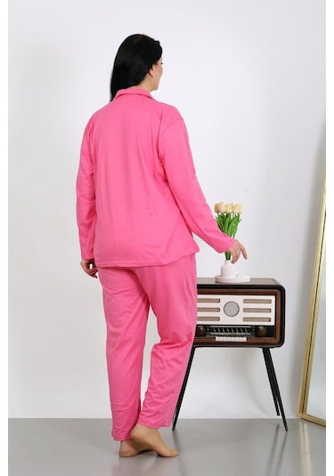 Akbeniz Kadın Büyük Beden Pamuklu Cepli Düğmeli Pembe Pijama Takım 202504 Pembe