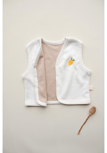 Limon Nakışlı Çift Taraflı Yelek Krem