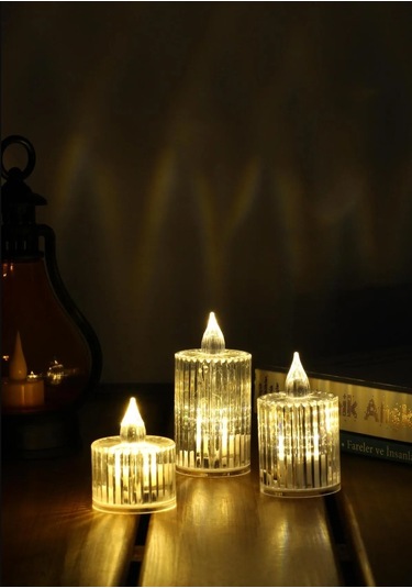 3lü Kristal Desenli Led Mum Seti Pilli Dumansız Alevli Ledli Dekoratif Yapay Mum Beyaz