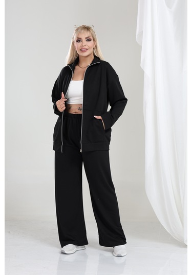 Kadın Büyük Beden Fermuarlı Uzun Kollu Rahat Günlük Eşofman Takım Siyah