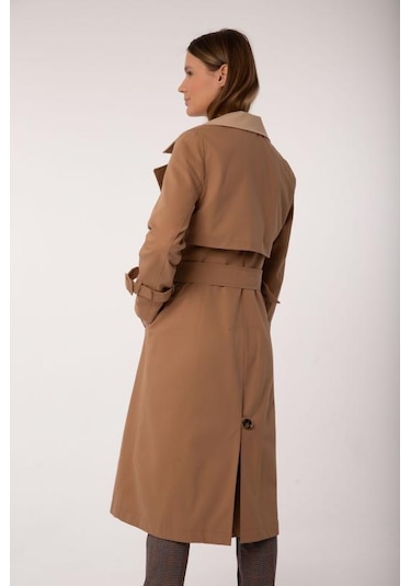 Pastelastore Pamuk Gabardin Uzun Çift Renk Garnili Kadın Trençkot 1114 Koyu Bej