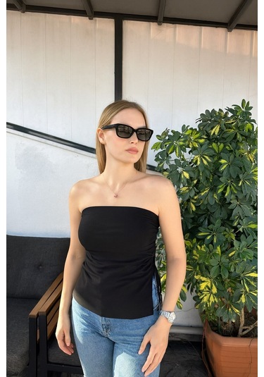 Lupinn Moda Kadın Straplez Büzgülü Askısız Bluz Bordo Ve Siyah Renk Seçenekli Siyah