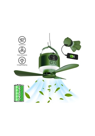 Chuangyinshop Koyu Yeşil 10400mah Şarj Edilebilir Taşınabilir Kamp Asılı Ventilatör Yelpazesi Uzaktan Kumandalı Sessiz Dört Hızlı Usb Şarj Özellikli Koyu Yeşil