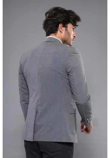 Çift Düğmeli Cepli Sivri Yaka Gri Erkek Ceket - Wessi Gri