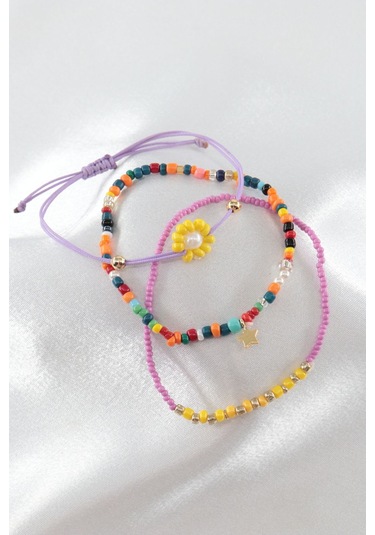 3lü Yıldızlı Çiçekli Boncuklu Asansörlü Bileklik. Lastikli Bileklik, Kadın İp Bileklik Halhal. Çok Renkli