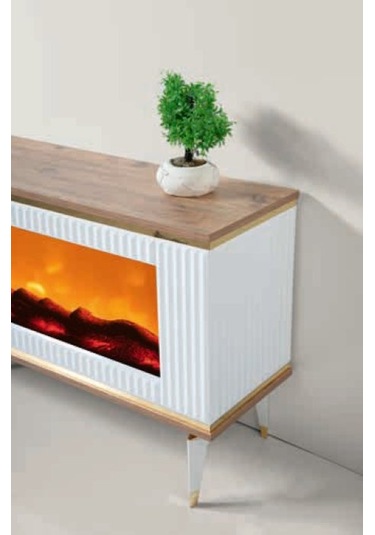 Bera Marmo - Gümüş Şömineli Sedef Tv Sehpası Beyaz - Gümüş