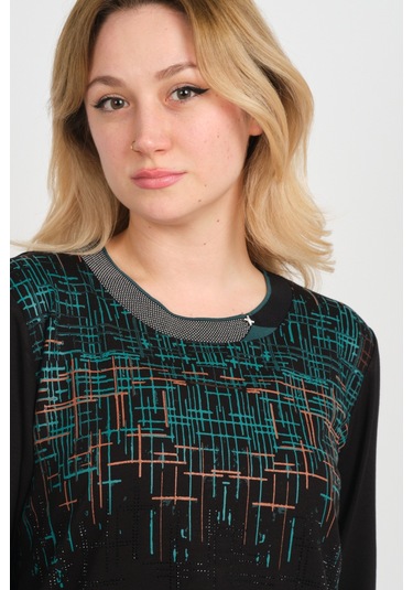 Detay Triko Kadın Taş Detaylı Desenli Yanları Yırtmaçlı Uzun Kol Anne Bluz 5741 Siyah Siyah